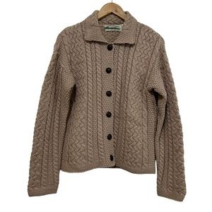 Aran Crafts 100% Merino Wool Chunky Knit Button Front Cardigan Sweater Tan Small